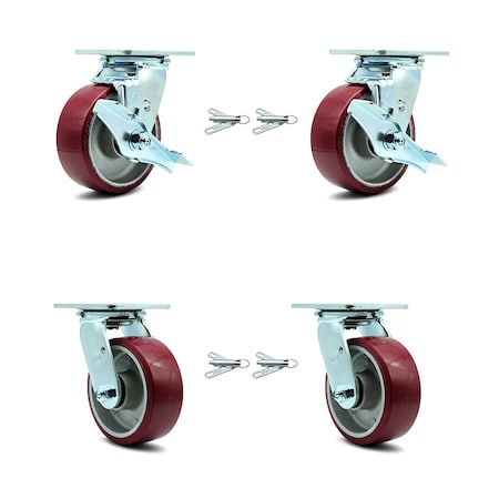 5 Inch Poly On Aluminum Caster Set With Ball Bearings 4 Swivel Lock 2 Brake SCC